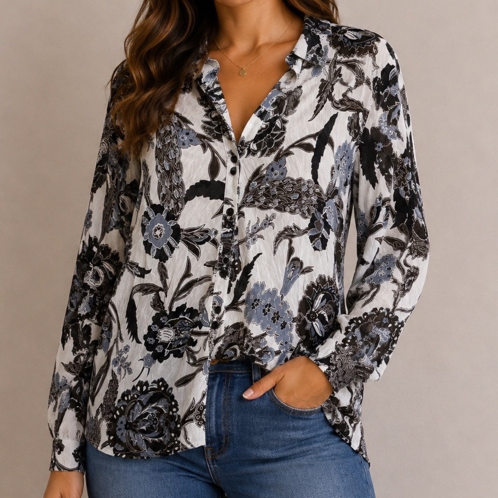Black White Floral Button Up Blouse Large Paisley Botanical Dark Romantic Top